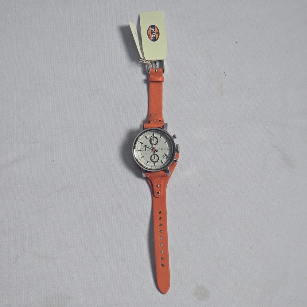 Fossil Del Rey Chronograph Orange Leather Cuff Watch ES3768 Silver Cream Dial